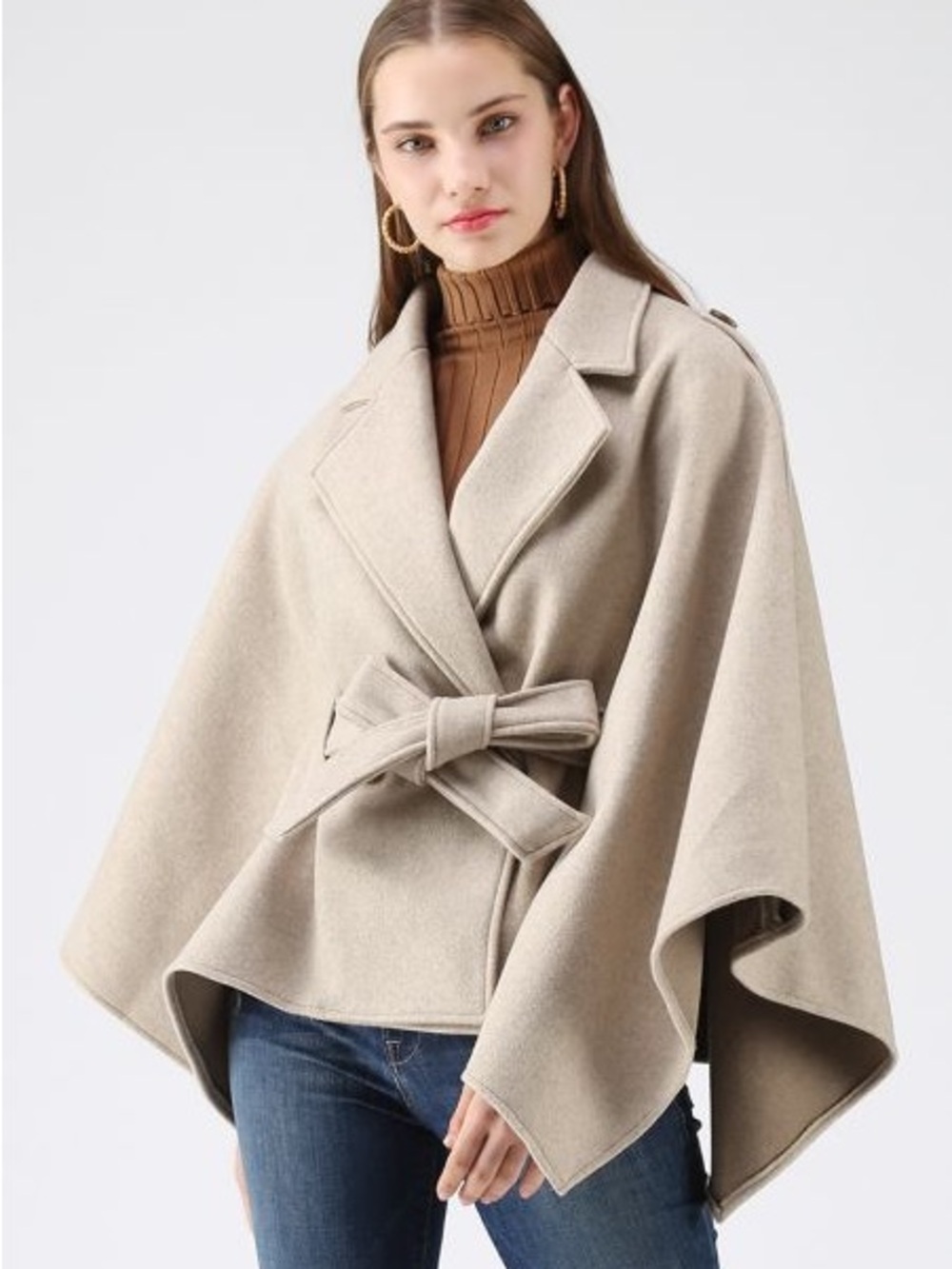 Belted Cape Sweater Coat in Light Beige - Women's